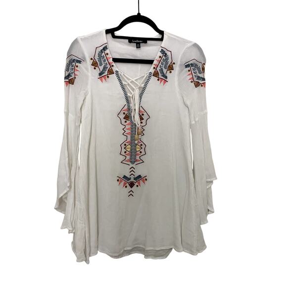 Lulu's white embroidered long-sleeve tie-front mini dress size XS - Picture 1 of 10
